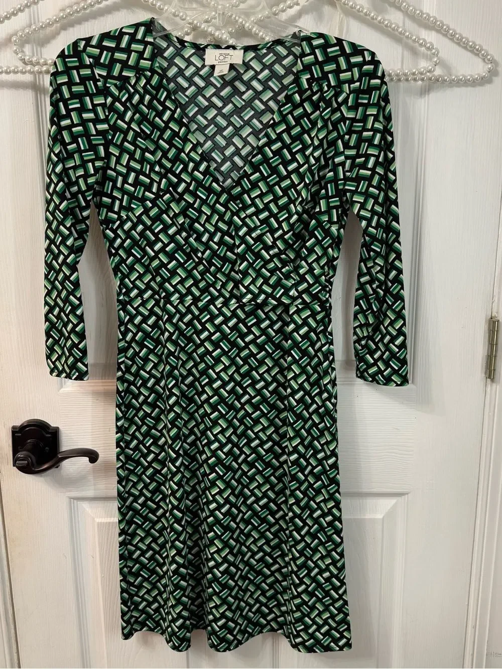 LOFT Black and Green Geometric Wrap-Style Dress